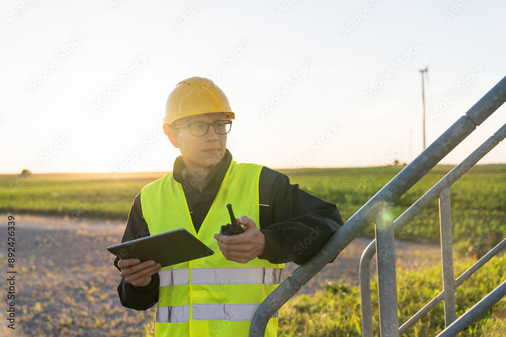 Aufkleber engineer with digital tablet controls wind turbines