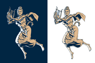 Obraz premium Muse playing the lyre. Greek goddess Terpsichore or Calliope, young woman in dress soaring, isolated on the white background. Classic music, poetry, dance or theater concept. Vector illustration.