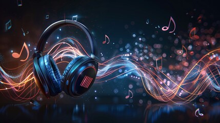 3D background showing a pair of headphones with soundwaves and musical notes emanating from them, set against a dark backdrop