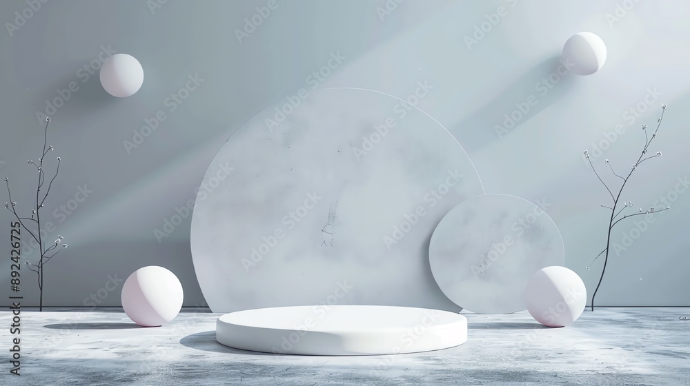 Poster 3d rendering of a product display platform with a simple and elegant design. the platform is made of