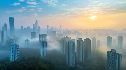 A city with a river running through it. The city is full of tall buildings and green trees. The river is surrounded by the city, and it looks like it's a peaceful place to live
