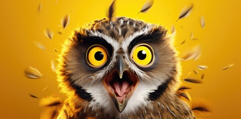 Fototapeta premium Close-up Portrait of an Owl with Wide Open Mouth and Bright Yellow Eyes.