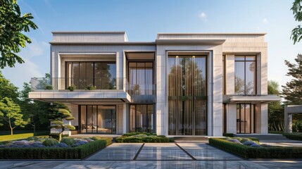 Luxurious minimalist suburban home with a flat, clean facade, featuring large windows and a symmetrical front garden