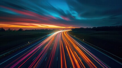 Colorful light trails streak across a highway at sunset. Wall art, leaflet, and poster design, website, and media decor. Commercial use, 300 dpi. 