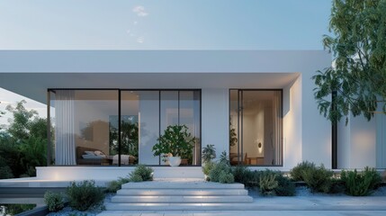 Fototapeta premium Luxurious minimalist suburban home with a white facade, large windows, and a discrete front porch