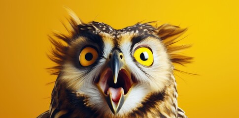 Close-up of a surprised owl with bright yellow eyes.