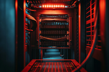 Minimalistic photo of an electric wire neatly arranged inside a cable tray against server equipment background.