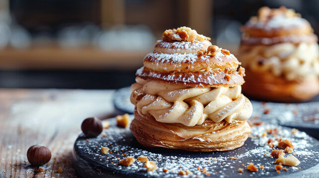 Freshly baked Paris-Brest with hazelnut praline cream