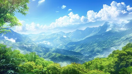 Naklejka premium Scenic Mountain Landscape with Blue Skies and Lush Greenery