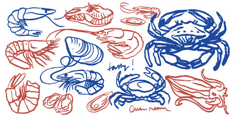 Isolated vector set of seafood. Shrimps, langoustines, prawns, salmon, trout, oysters, mussels, squid, crab, lemon, octopus, rosemary, sea urchin. Сhalk drawing. Chalkboard. 