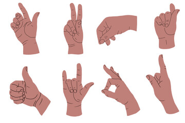 Set of different hand poses, vector illustrations.