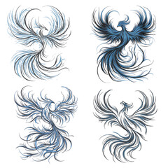 Detailed drawings of phoenixes with blue and black feathers set