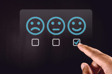 Man gives rating to service experience on virtual screen. Customer review satisfaction feedback concept.