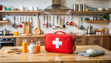 A red first aid kit sits on a wooden table, surrounded by kitchen utensils and appliances, emphasizing home safety and emergency preparedness.