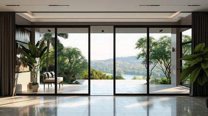 Fototapeta premium Luxurious minimalist suburban home with large sliding doors and a panoramic view of the surrounding nature Include copy space