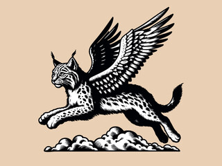 Flying lynx with wings. Engraving vintage vector illustration, monochrome black color. Woodcut  © Victoria