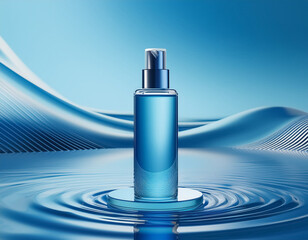 Stylish Cosmetic Bottle Display on Blue Tinted Glass Podium - Product Presentation Background