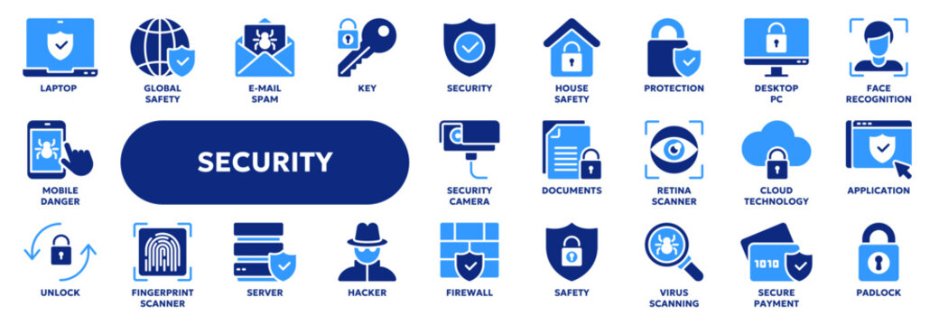 Set of vector solid icons related to security, safety, protection. Symbols for website or app ui, logo design, illustration