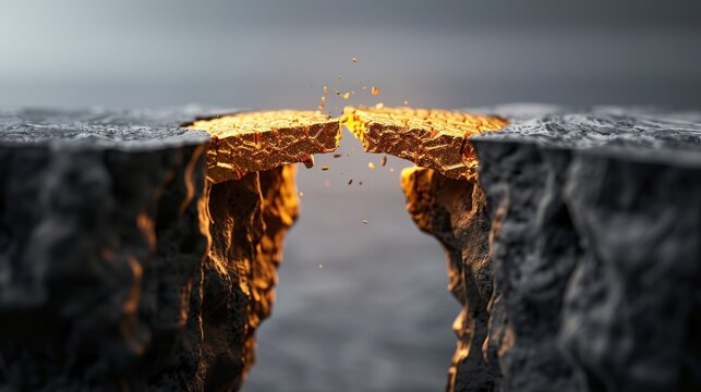 A broken bridge made of gold connecting two cliffs symbolizing the risk of greed and blame
