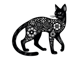 Beautiful graceful black cat with a floral pattern. Vector silhouette black and white illustration, print, emblem, decor