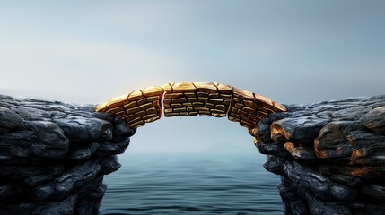 Fototapeta premium A broken bridge made of gold connecting two cliffs symbolizing the risk of greed and blame