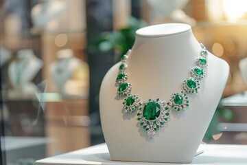 A jewelry display case with a necklace and earrings