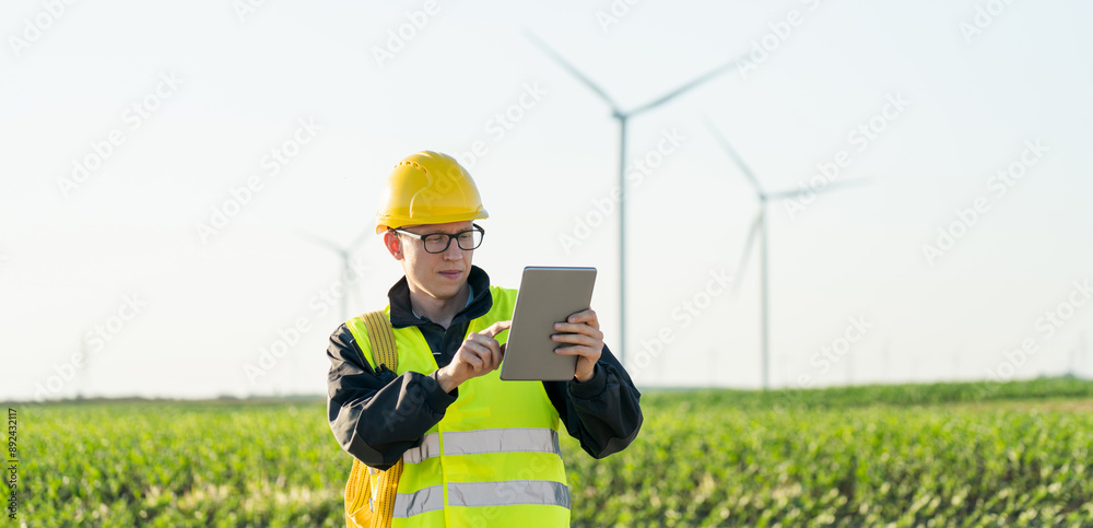 Aufkleber engineer with digital tablet controls wind turbines
