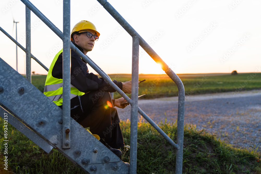 Aufkleber engineer with digital tablet controls wind turbines
