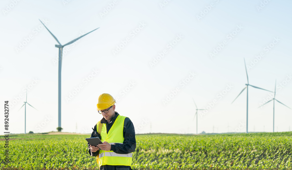 Aufkleber Engineer with digital tablet controls wind turbines