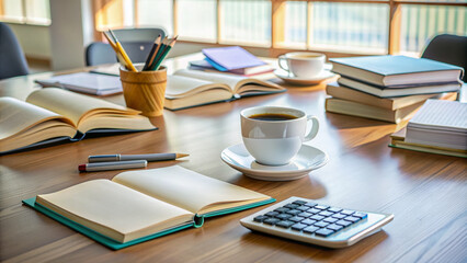 A well-organized desk with open textbooks, calculators, and notes, surrounded by empty coffee cups, signifies a dedicated learning environment for overcoming mathematical hurdles.