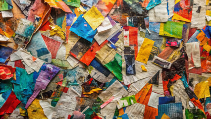 Vibrant mixed media background composed of torn and layered newspaper scraps in various fonts and colors, creating a dynamic abstract collage.
