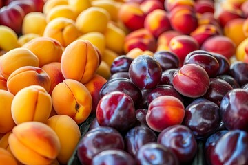 A mix of fresh stone fruits including plums, apricots, and nectarines, Fresh fruits, juicy and flavorful