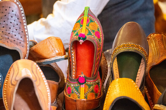 Macro shot showing camel skin sandals called jooti juti jutti popular in punjab, Rajasthan, Jaipur, Jodhpur popular local handicraft