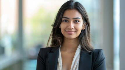 Professional young woman in a business suit smiling confidently. Modern corporate environment background. Perfect for business, corporate, leadership or career concept visuals in marketing. AI