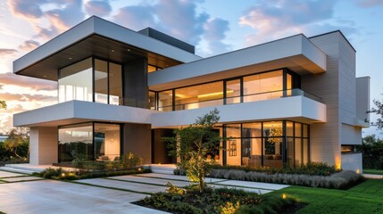Luxurious modern suburban home with a sleek design, featuring large windows and a minimalist landscaping
