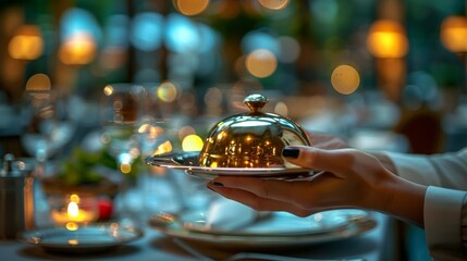 Fine dining experience with golden cloche in elegant restaurant, gourmet cuisine concept