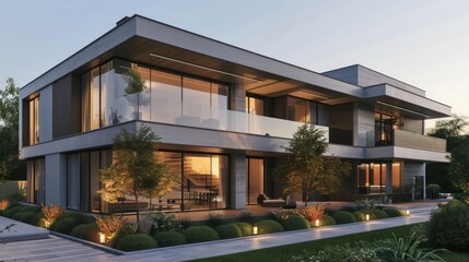 Fototapeta premium Luxurious modern suburban home with a sleek design, featuring large windows and a minimalist landscaping