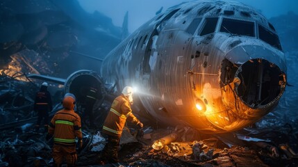 dramatic scene showed emergency services and firemen working within the remains of an airplane illuminated in darkness by flashlights focus was on their determined faces as they worked to free passeng