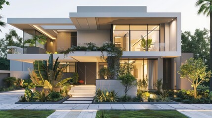 Fototapeta premium Luxurious modern suburban home with a minimalist design, featuring an elegant front garden and sleek facade