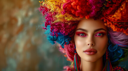 A fashion portrait of a woman with an avant-garde hairstyle made from colorful yarns and threads looking in the camera