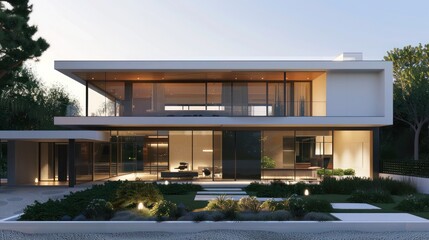Fototapeta premium Luxurious modern suburban home with a sleek design, featuring large windows and a minimalist landscaping