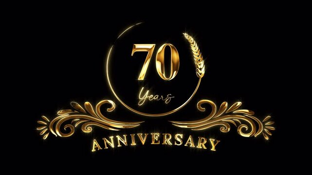 70th Anniversary Celebration. Golden 70 Years Anniversary Animation in Gold Color on the Transparent Background, Alpha Channel. Great for greetings, celebrations, events, and gifts.