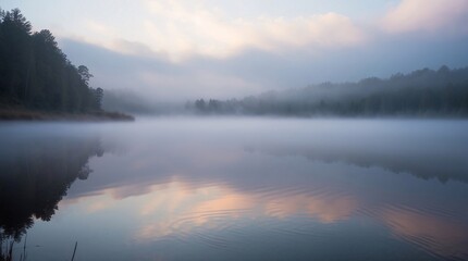 Mist hovering above the river or lake, with water reflection in the morning.