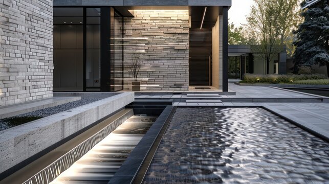 Luxurious suburban home with a minimalist approach, featuring a stone facade and minimalist water feature Text space included