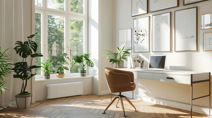 Modern Home Office with White Desk and Brown Chair.