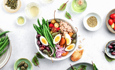 Nicoise tuna salad view from above, ready to eat