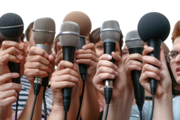 Close Up Of Multiple Microphones Held By People In A Crowd