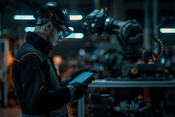Industrial Worker Using Tablet in Factory.