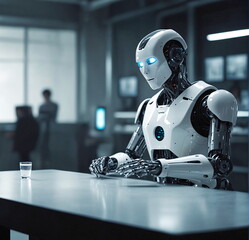 One robot focusing on glass of water on table in an office employed for experimental purpose for future employees in modern offices.