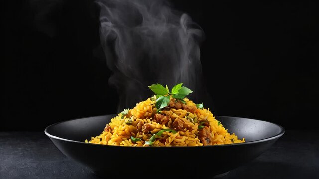 Rice with meat, steamed Uzbek pilaf in a black bowl and butter served on a wooden table ready to eat. Generative AI